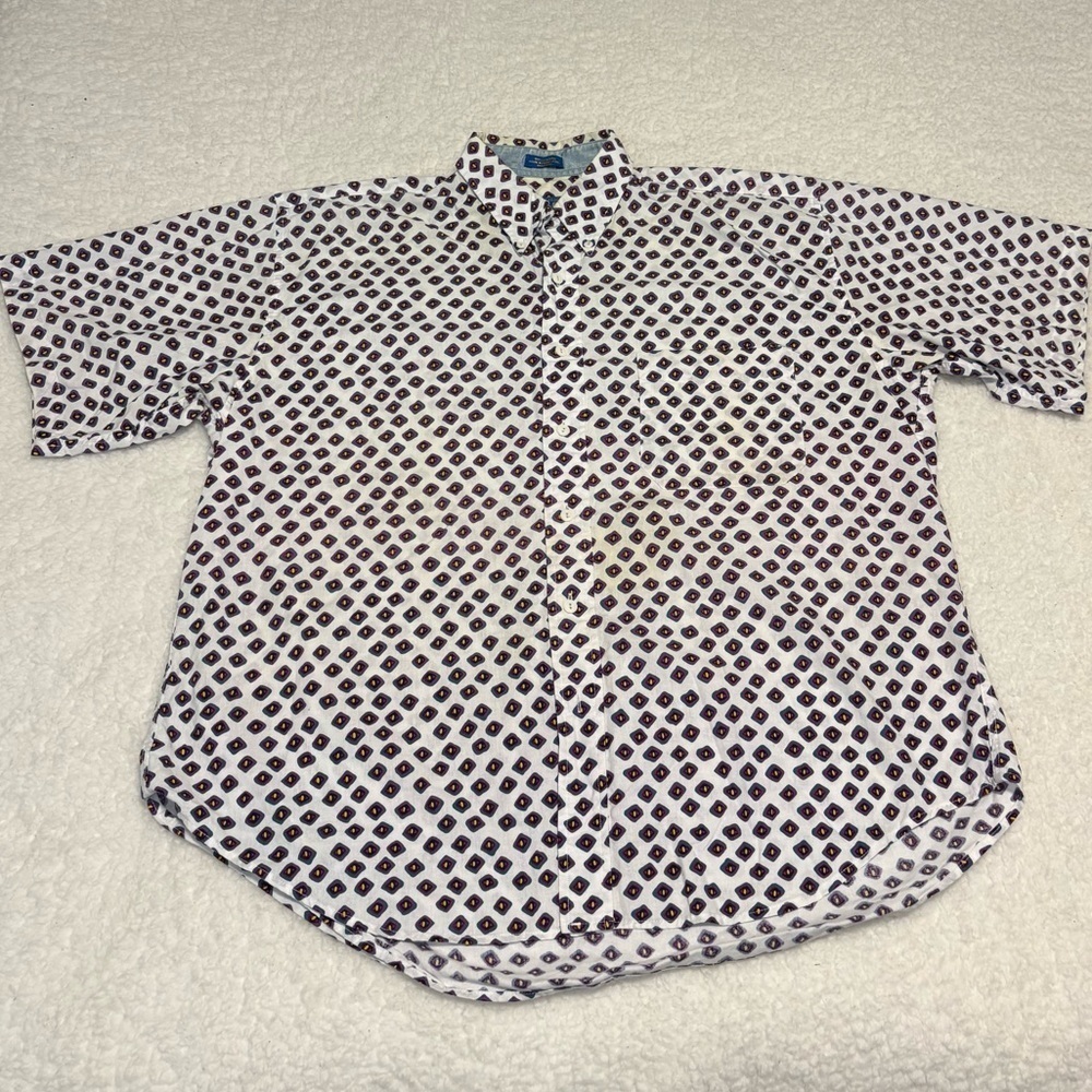 Pendleton Men Vintage White Geometric Short Sleeve Button Shirt